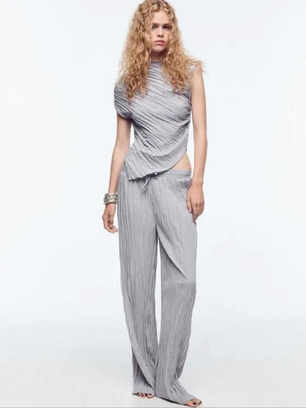 New Zara Pleated Pull-On Elastic Drawstring Waist Silver Lilac Pants Medium NWT